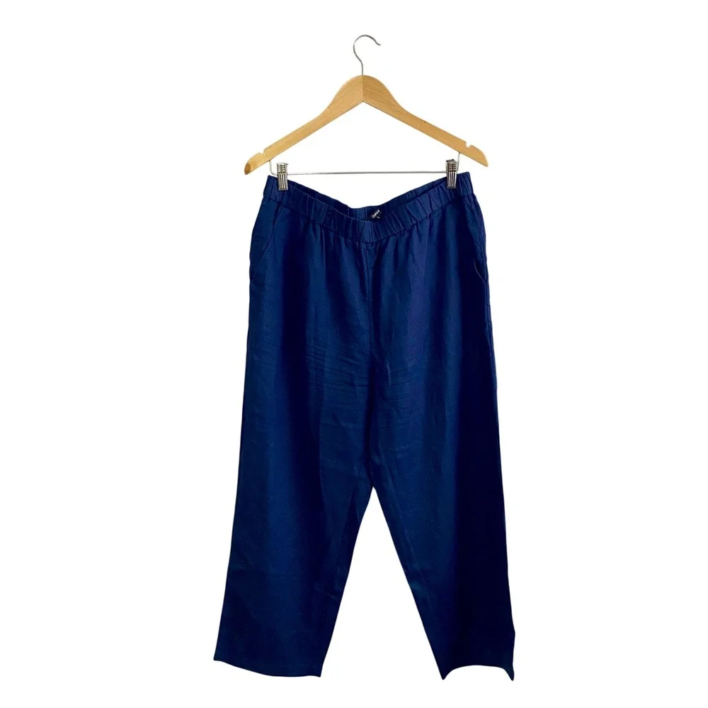 Quince 100% European Linen Pants Navy Blue Elastic Waist Wide Leg Large